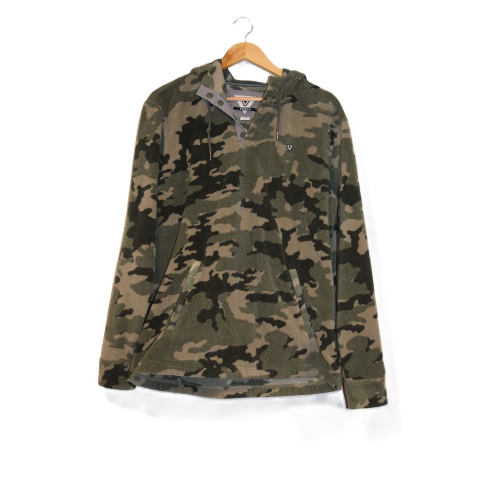 Vissla‎ Camo Fleece Hoodie Mens Large Green Camouflage Snap Neck Pullover EUC